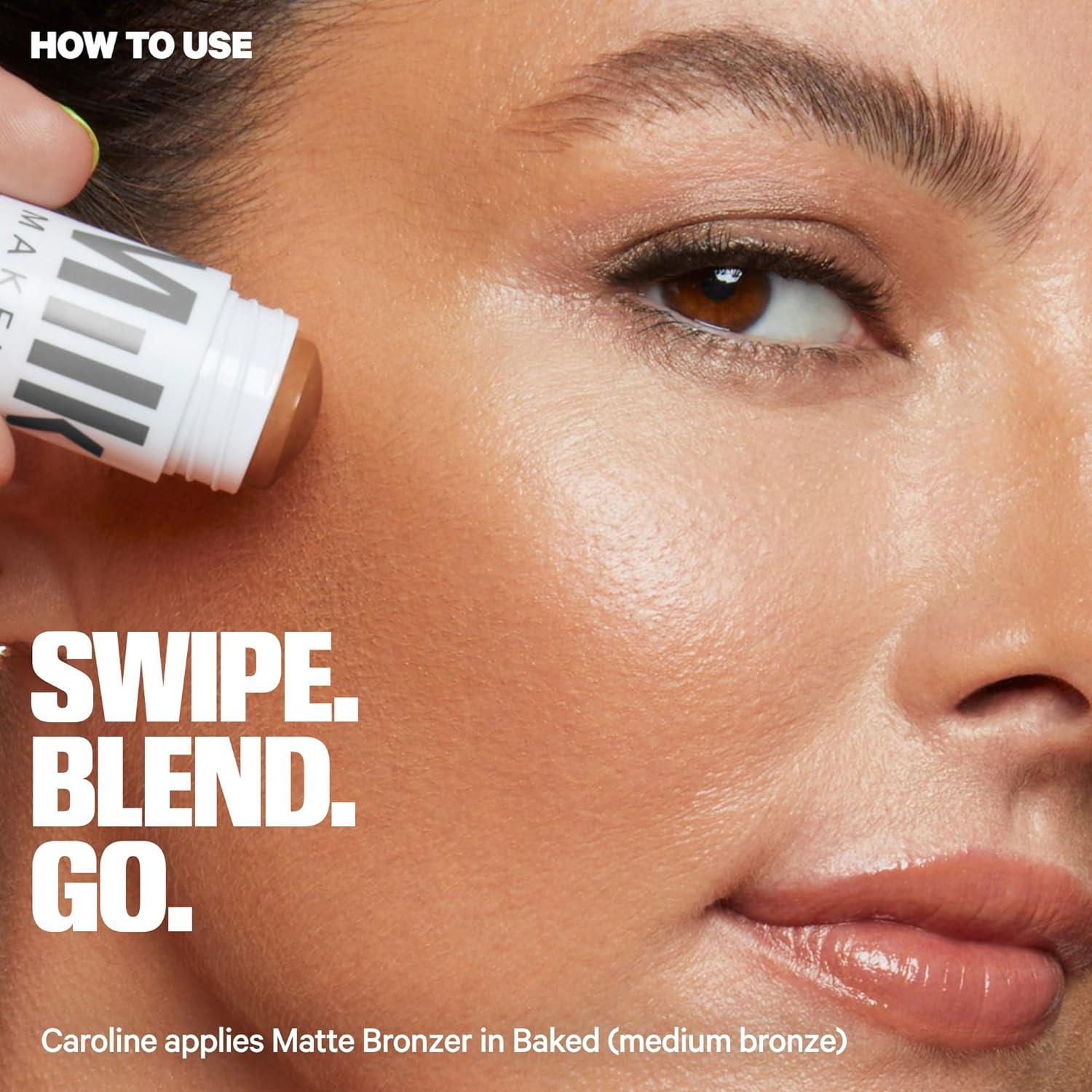 image:imageMilk Makeup Bronzer Blush Highlighter Set Bronzer in Baked 19oz MultiUse Cream Blush Lip Color in Werk Dusty Rose 21oz and Highlighter Stick in Lit Champagne 21oz Hydrating Formulas